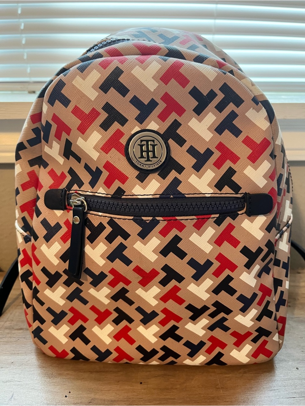 Tommy Hilfiger Beige Backpack with Red, Navy & Cream Logo Pattern